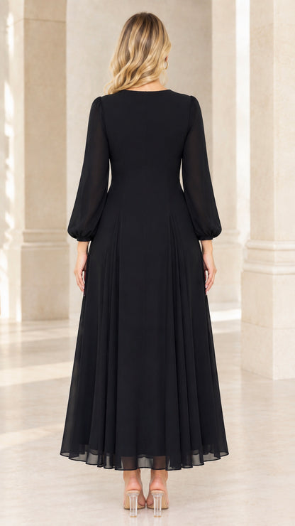 Back view of black long sleeve evening midi dress showing zip closure