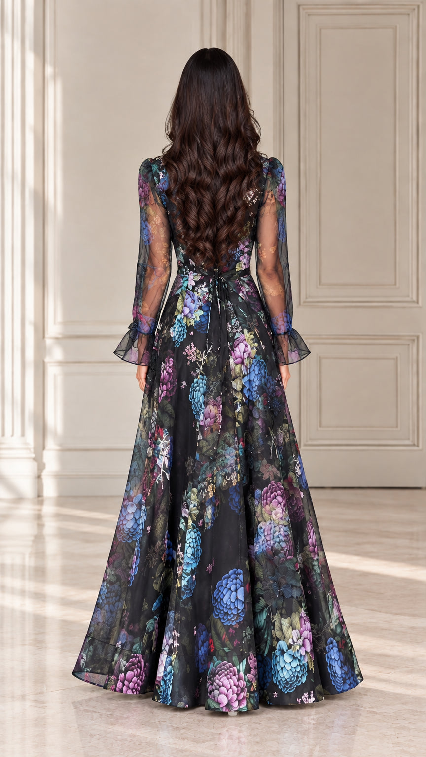 Back view of black floral organza dress showing waist tie
