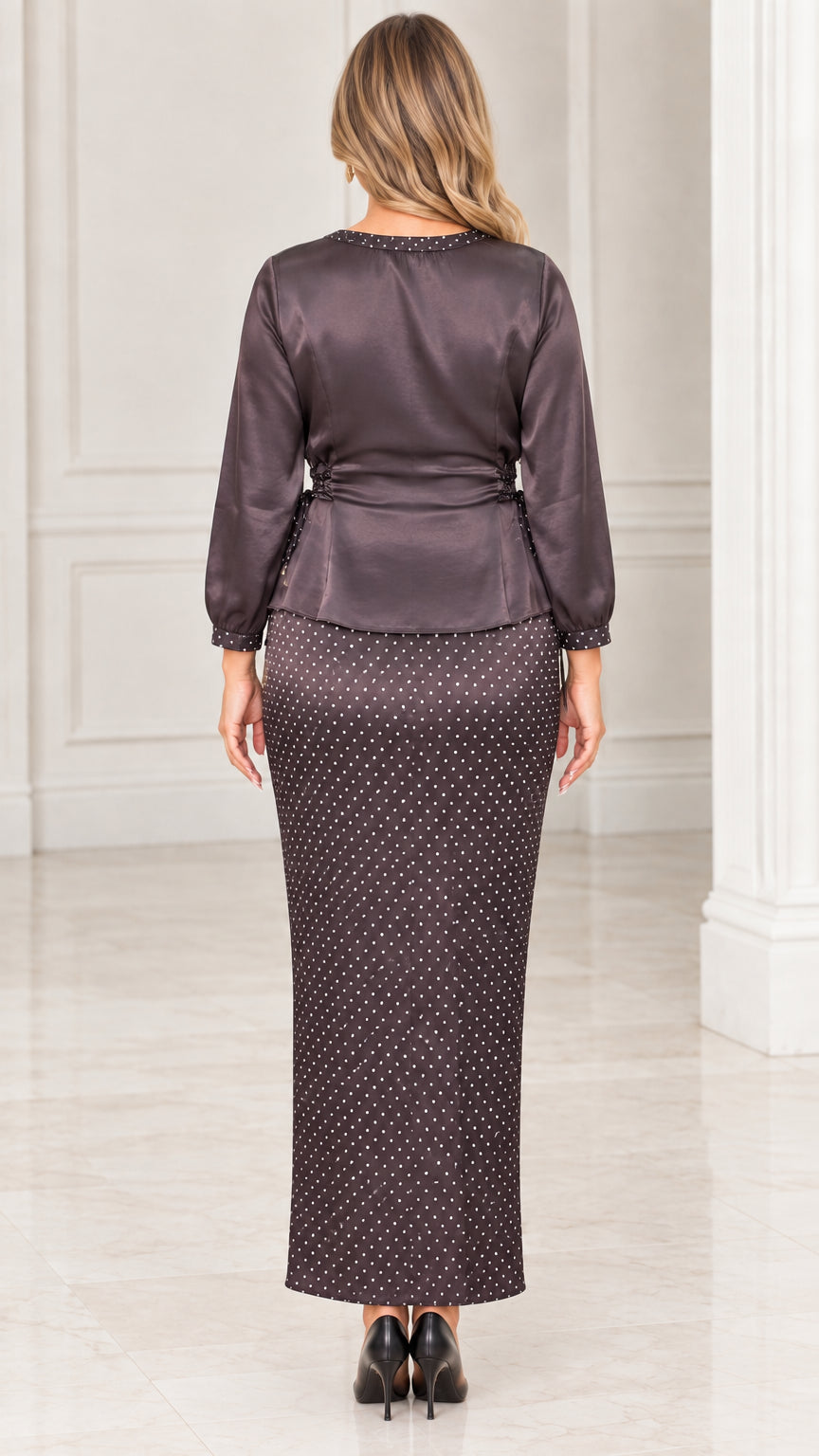 Back view of Charcoal long-sleeve satin blouse and maxi skirt