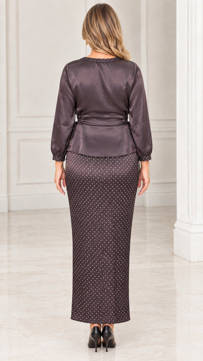 Back view of Charcoal long-sleeve satin blouse and maxi skirt