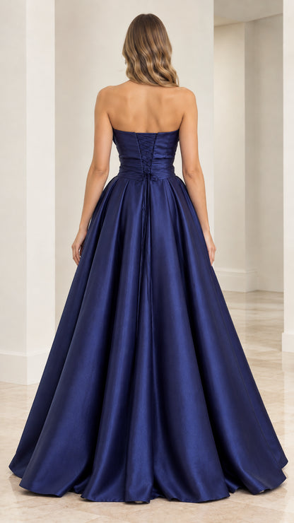 Back view of navy blue satin ball gown showcasing adjustable lace-up corset back closure