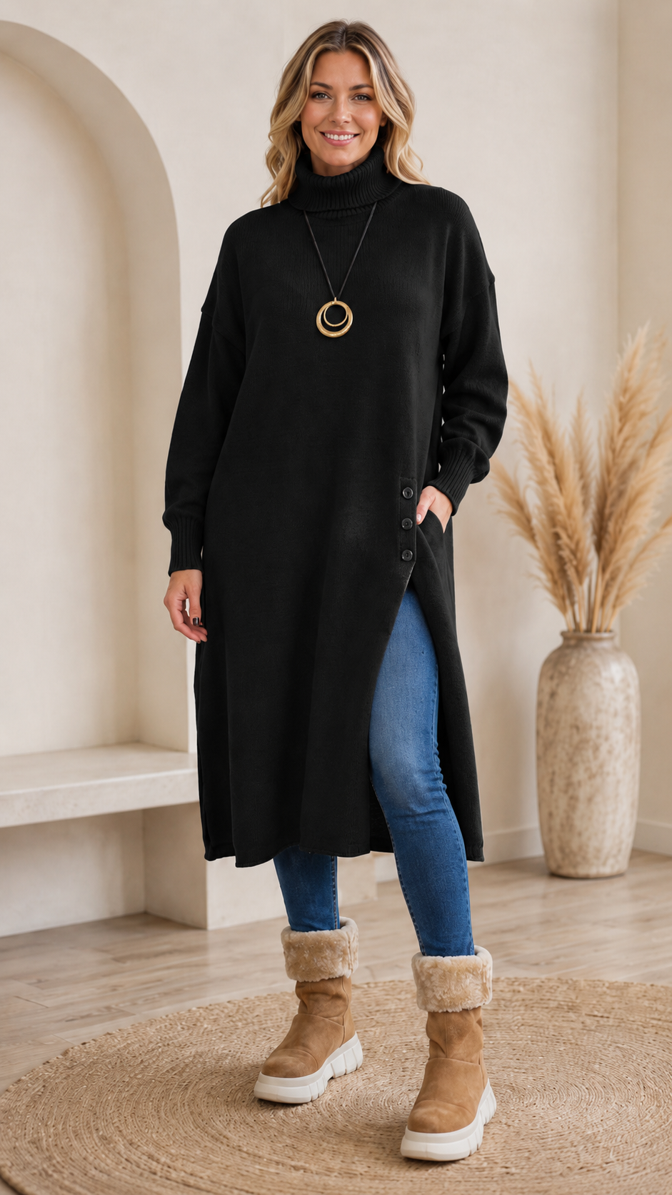 Black turtleneck sweater midi dress with side slit button detail