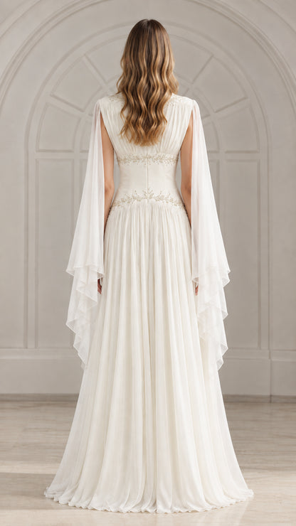 Back view of ivory white pleated chiffon gown showing back zipper and cape drape