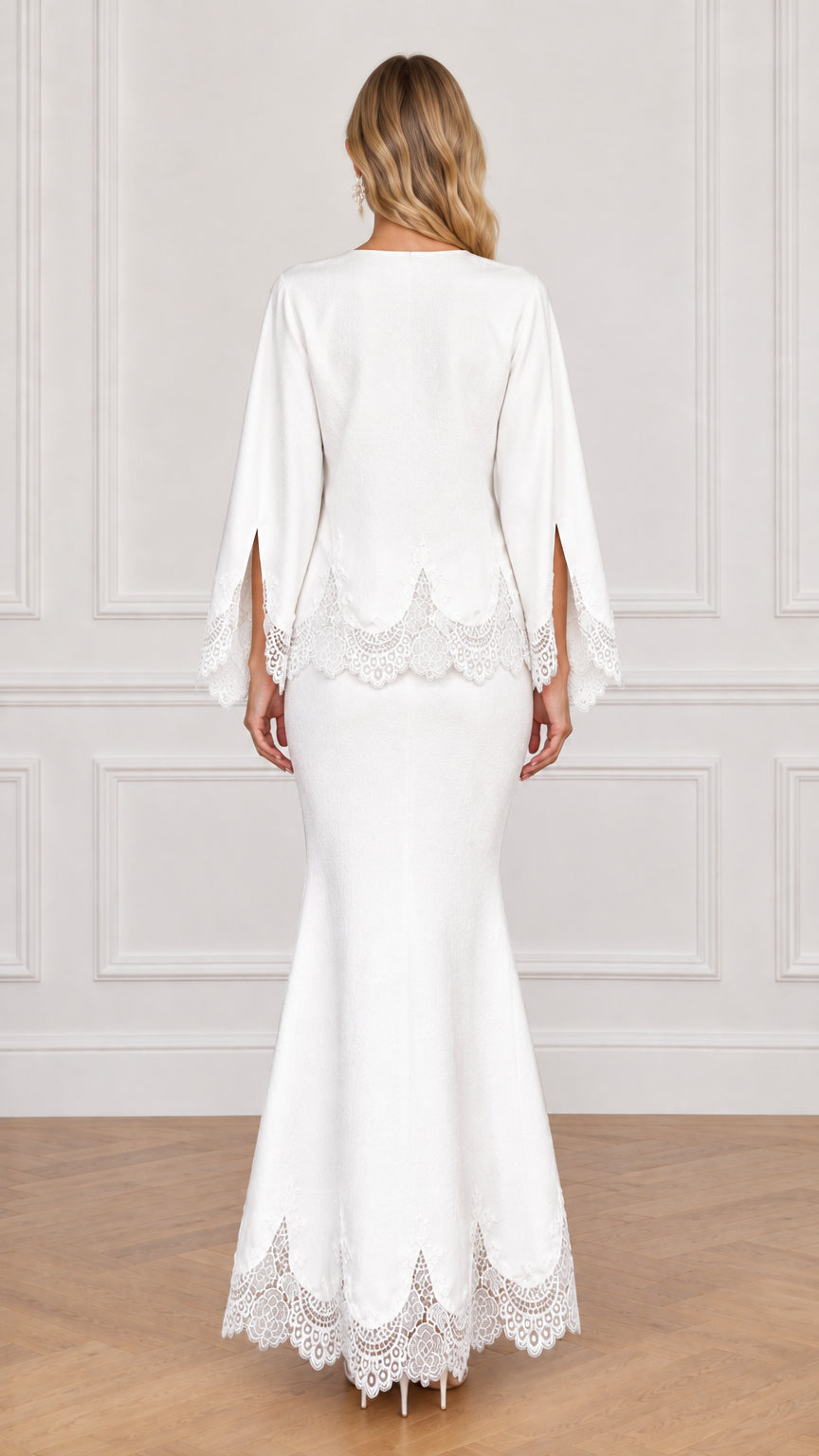 Back view of white lace trim two-piece maxi set