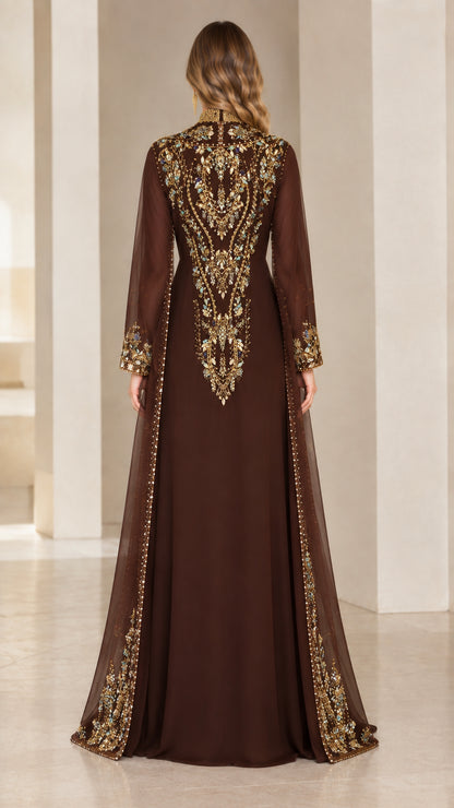 Back view of chocolate brown embroidered evening gown with ornate back beading