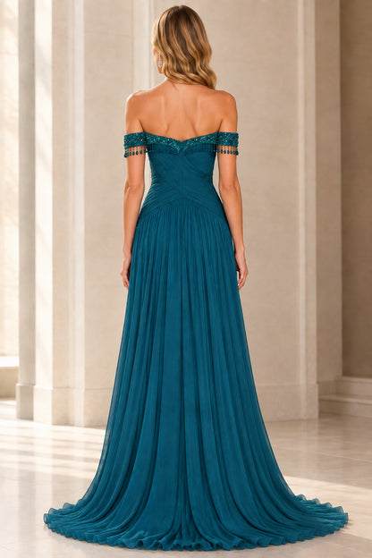 Back view of peacock blue pleated evening gown showing off-the-shoulder strap details