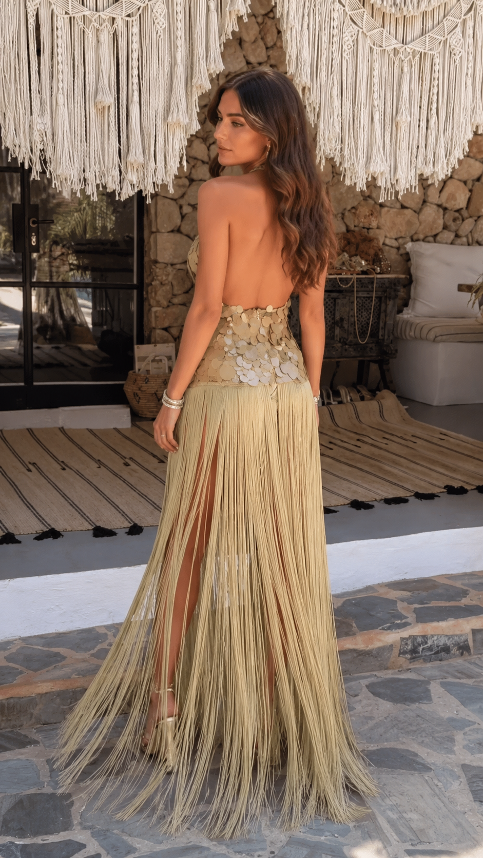 Sage floral appliqué halter fringe maxi dress open back view