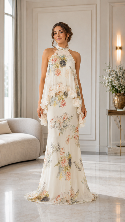Front view of cream floral halter maxi dress with soft overlay and floral print