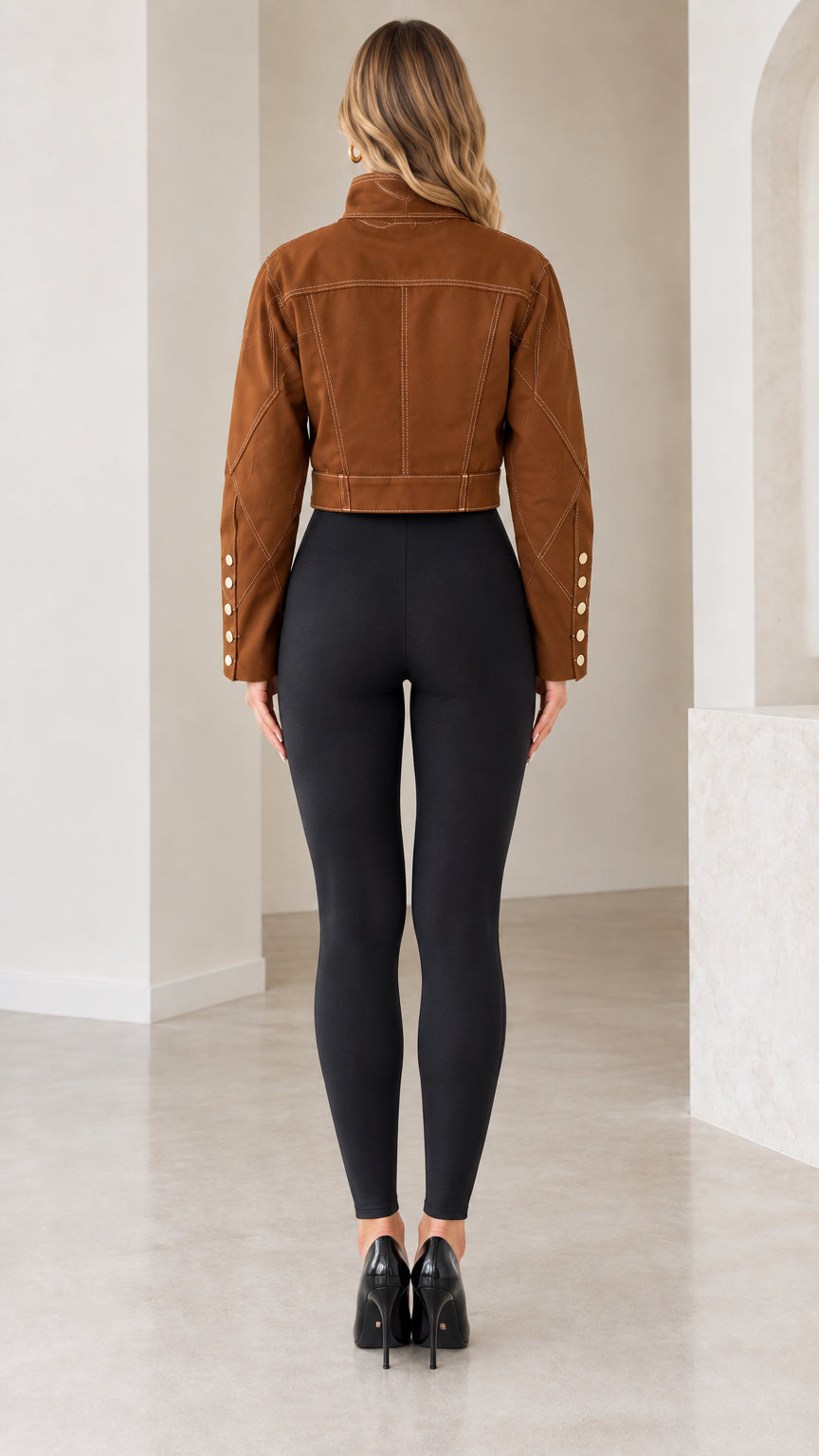 Back view of Caramel Brown cropped jacket showing structured paneling and waistline
