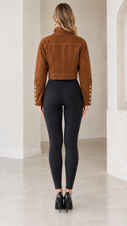 Back view of Caramel Brown cropped jacket showing structured paneling and waistline