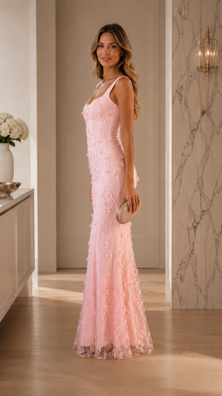 Side view of blush pink floral appliqué mermaid maxi dress