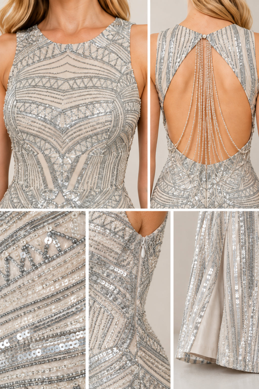Close-up details of geometric sequin patterns, neckline, zipper, and draped bead back