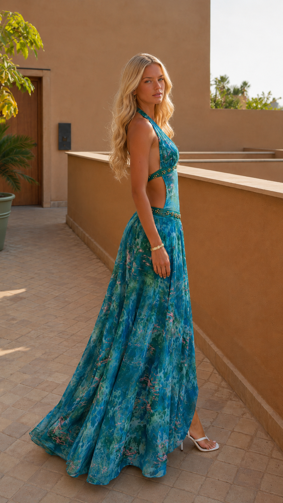 Side view of turquoise printed halter maxi dress with open back and sweeping skirt