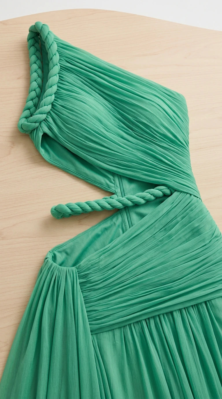 Close-up detail of mint green pleated fabric and braided rope trim accents