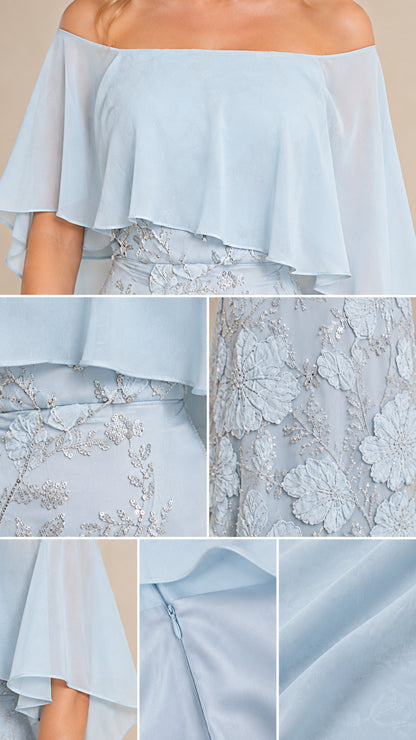 Fabric and texture details of Ice Blue capelet, zipper, and floral lace embroidery