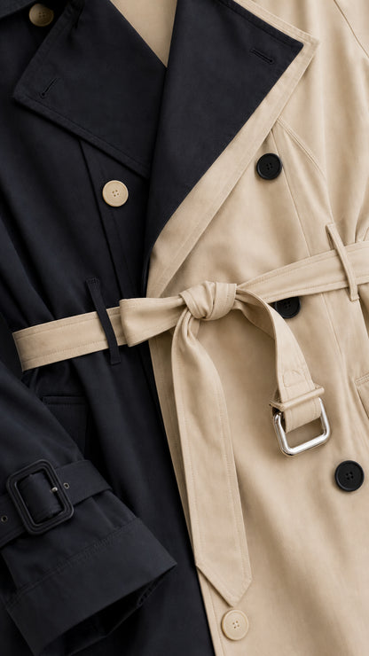Detailed close-up of double-breasted buttons, lapels, and belted waist on two-tone trench coat