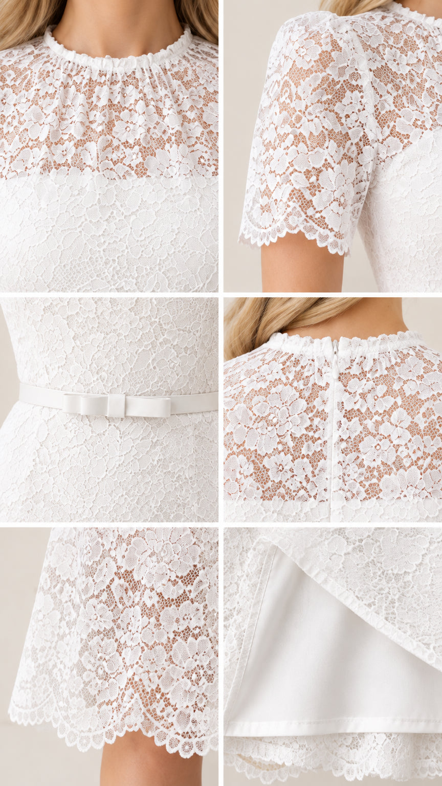 Detailed close-ups of lace fabric, neckline, belt bow, and inner lining
