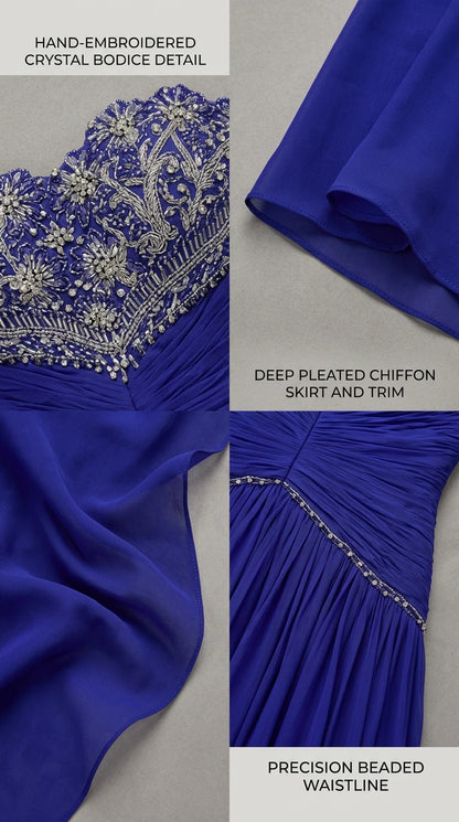 Close-up details of hand-embroidered crystal bodice, deep pleated chiffon skirt, and precision beaded waistline