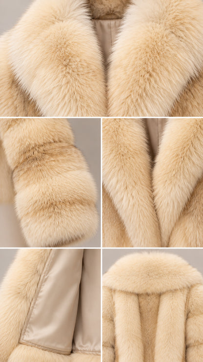 Detailed close-up views of Champagne Beige faux fur jacket collar, cuff texture, lapel, and smooth inner lining