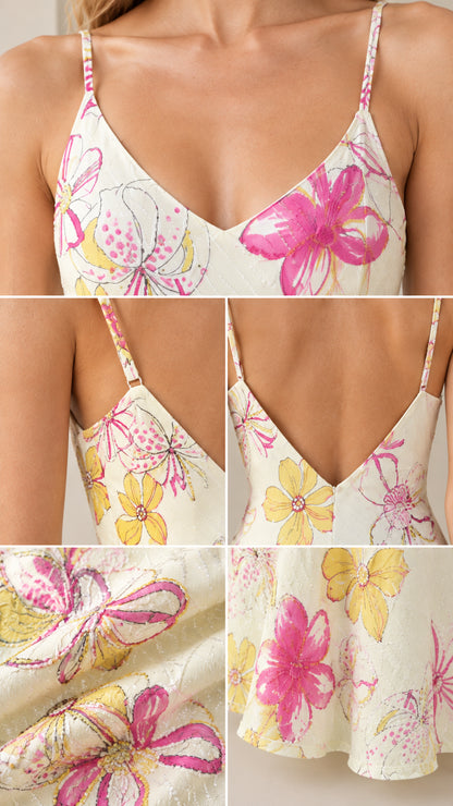 Close-up details of neckline, back cut, and floral printed fabric texture