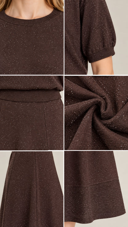 Detailed close-ups of shimmer knit texture, ribbed neckline, sleeve cuffs, and waistband