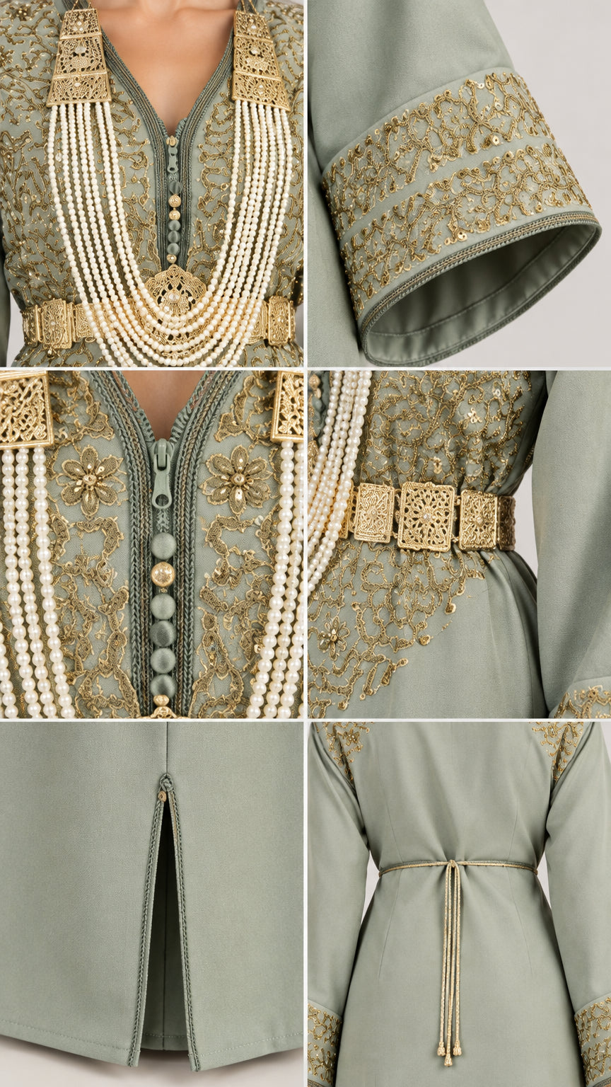 Detailed close-ups of gold embroidery, pearl bead draped bodice, and sleeve cuffs