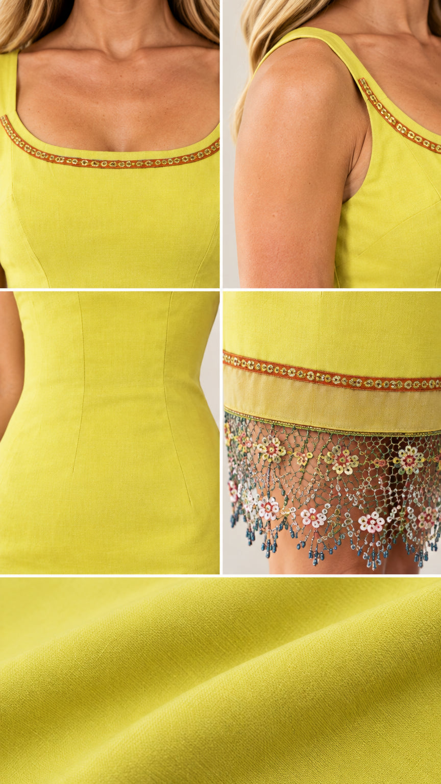 Close-up details of neckline trim, fabric texture, and beaded floral fringe hem