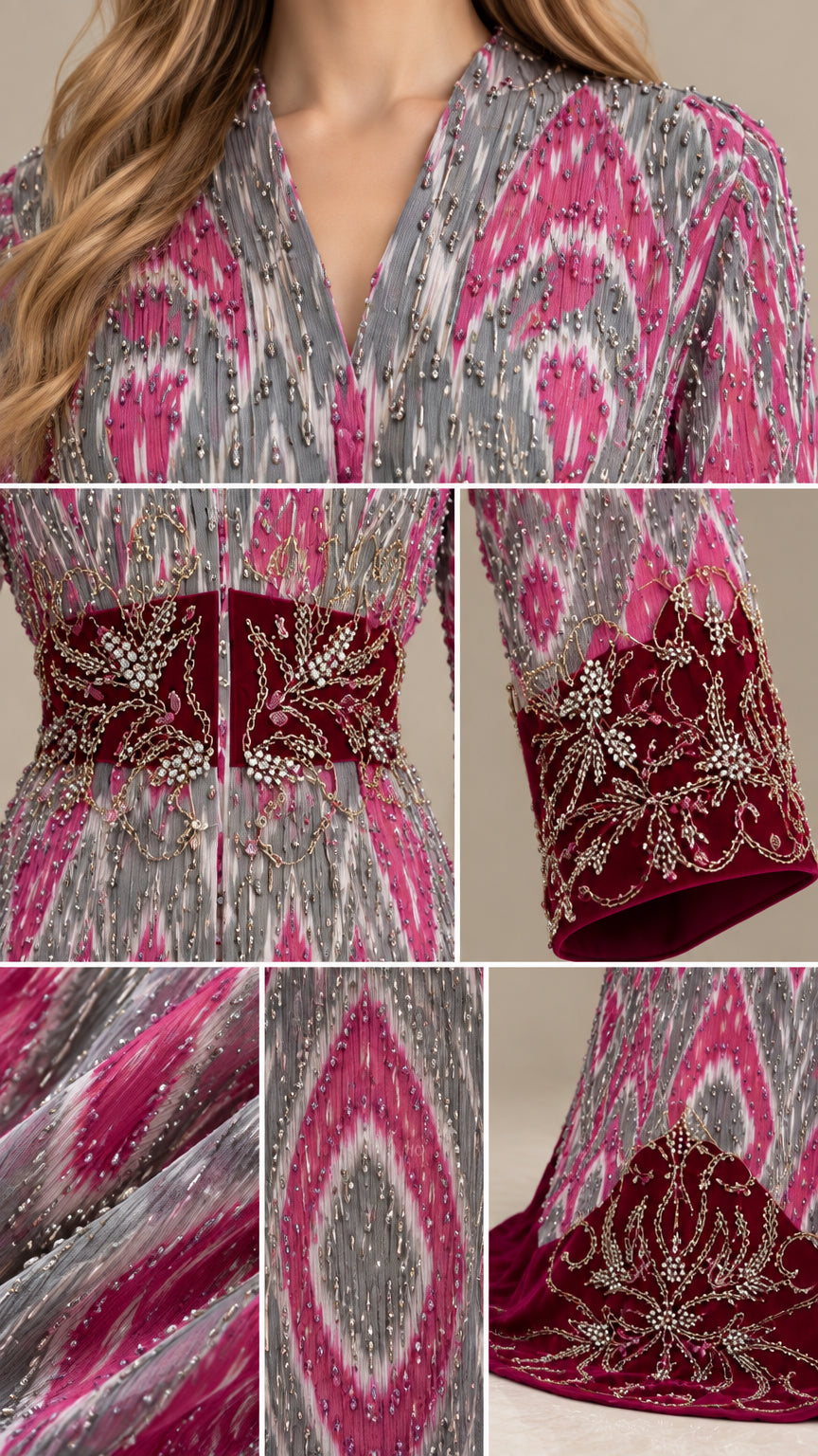 Close-up details of beaded neckline, embroidered velvet waist, cuffs, and hemline trim