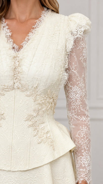 Close up view of ivory embroidered bodice and sheer lace sleeve