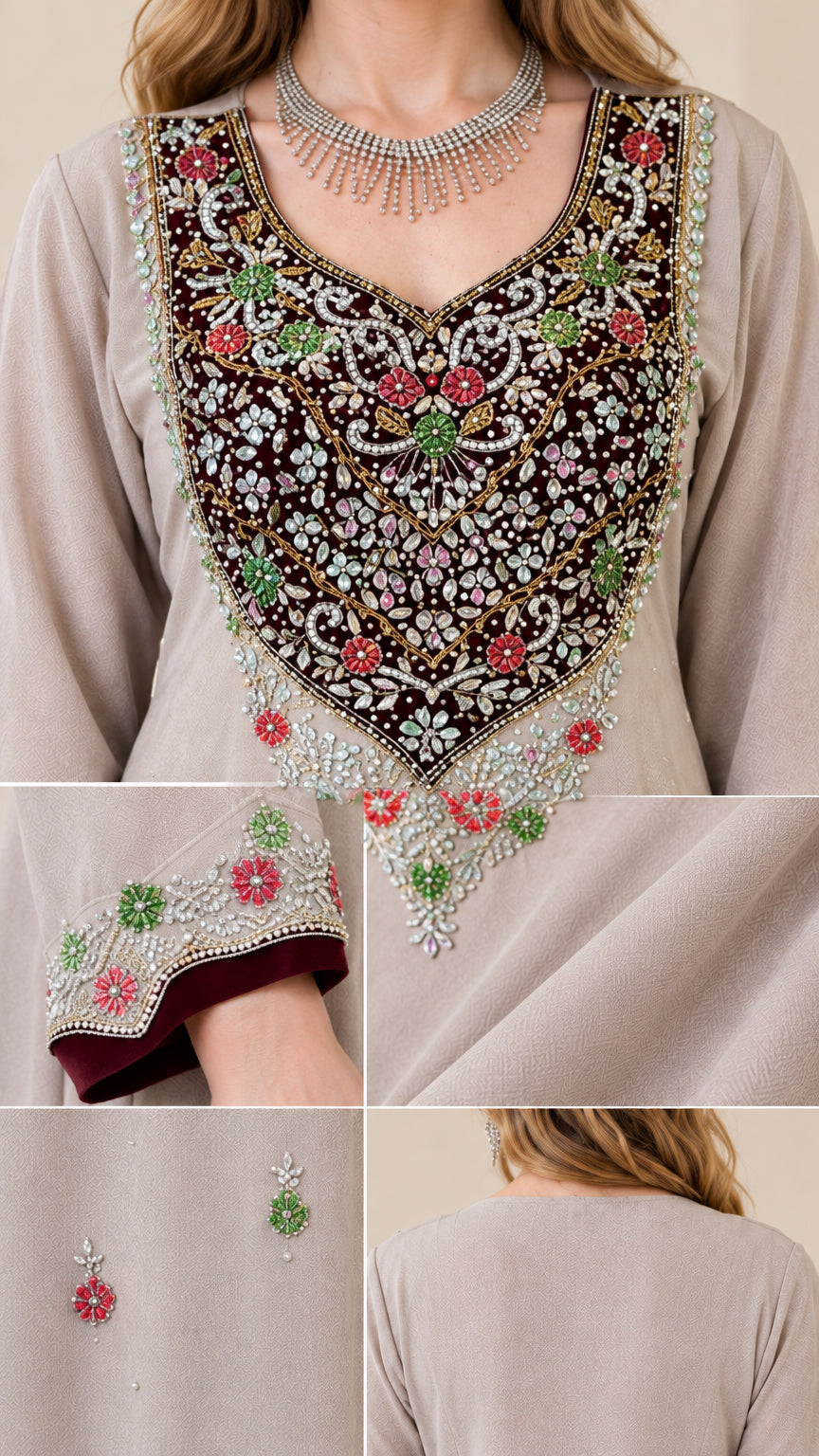 Close-up details of intricate beaded neckline embroidery and cuff accents