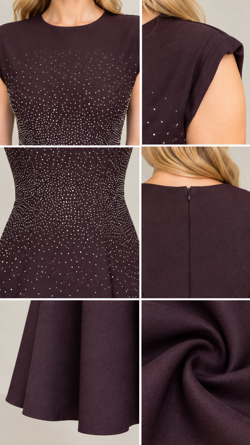Close-up details of neckline, cap sleeve, rhinestone bodice, zipper, and skirt fabric