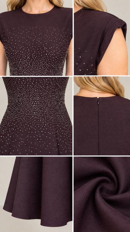 Close-up details of neckline, cap sleeve, rhinestone bodice, zipper, and skirt fabric