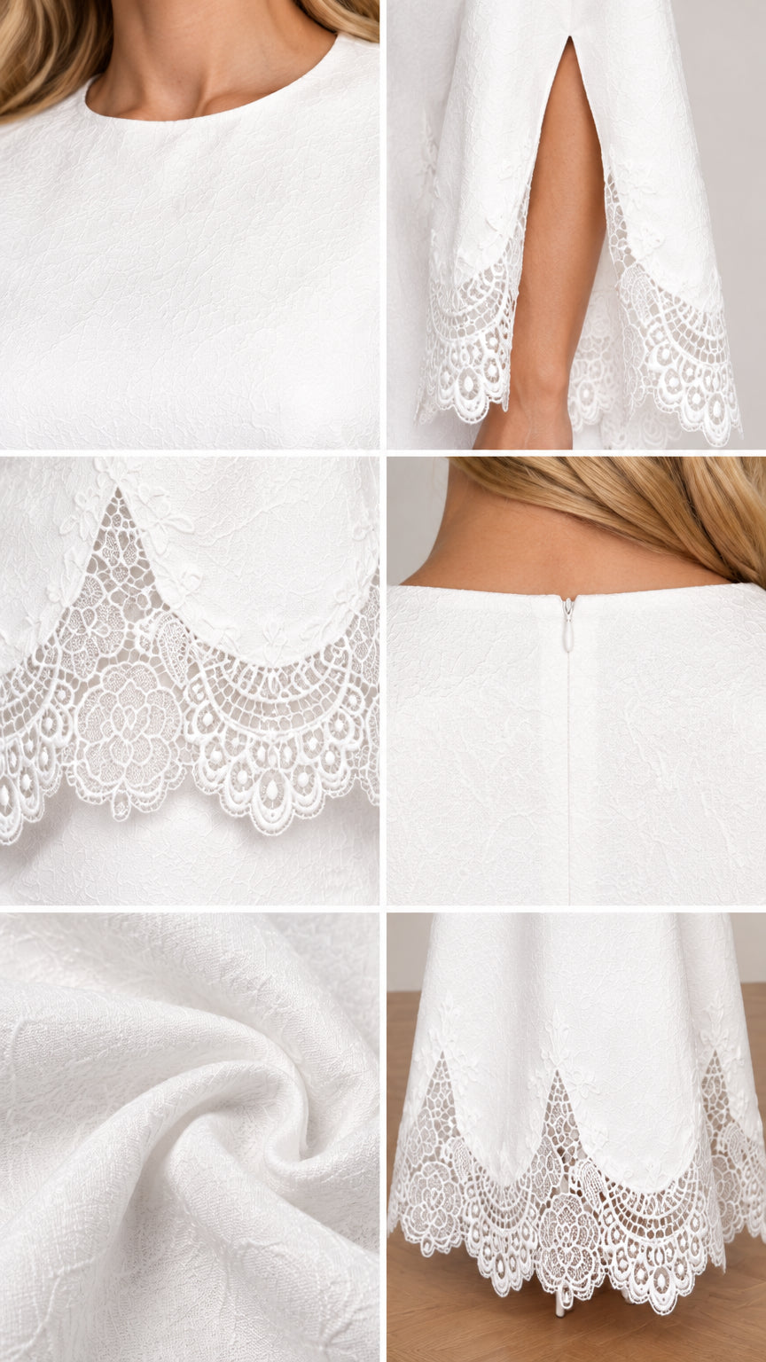 Close-up details of neckline, split sleeve, scalloped lace hem, and back zipper