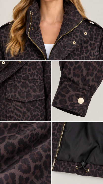 Detailed close-up collage of collar, snaps, flap pocket, fabric print, and interior cinch lining