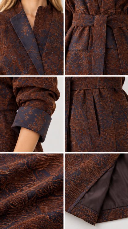 Close-up details of rust brown jacquard collar, fabric weave, pockets, and lining