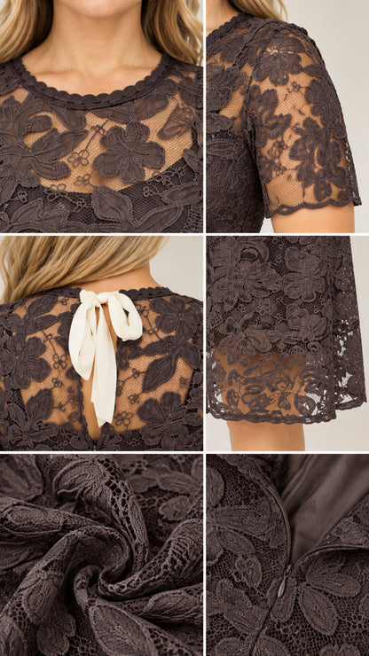 Close-up details of lace neckline, sleeves, back ribbon bow, and fabric texture