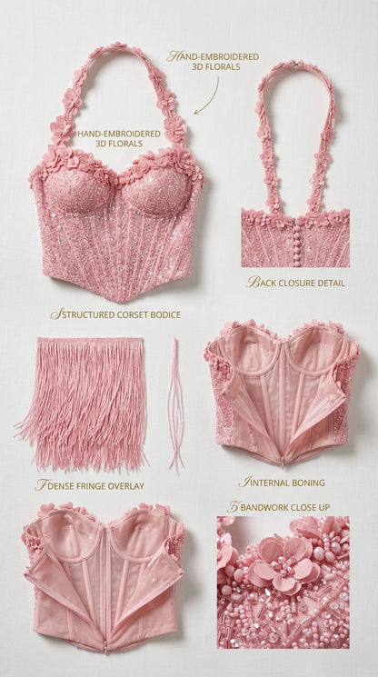 Detailed flat lay of corset bodice showing internal boning, 3D floral appliques, and fringe texture