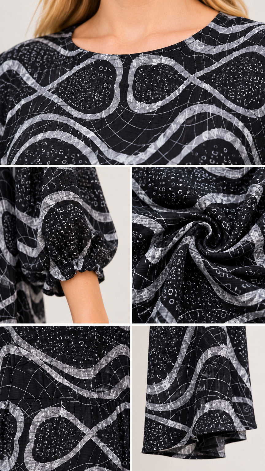 Close-up details of neckline, elastic cuffs, fabric texture, and hemline of black printed dress
