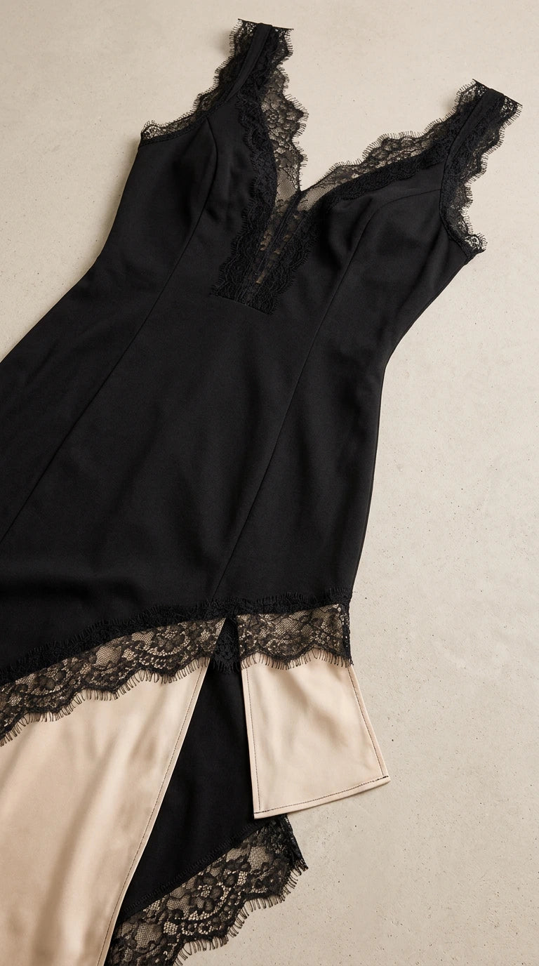 Close-up detail of delicate eyelash lace trim along V-neckline and hem