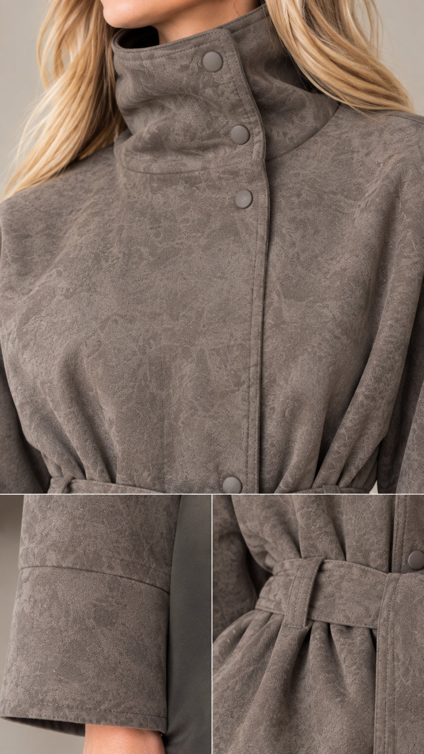 Detailed close-up of snap-button stand collar, cuff seam, and fabric belt loops