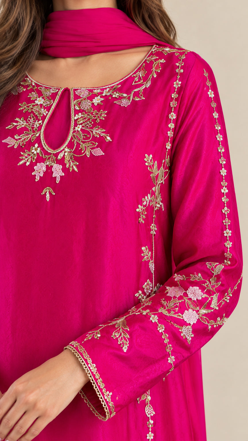 Close-up of intricate floral embroidery on fuchsia keyhole neckline and sleeve cuff
