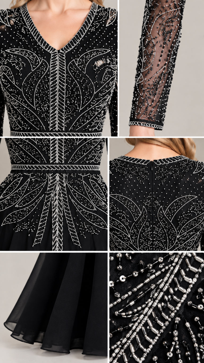 Close-up details of intricate beadwork, sequins, sheer sleeves, and neckline