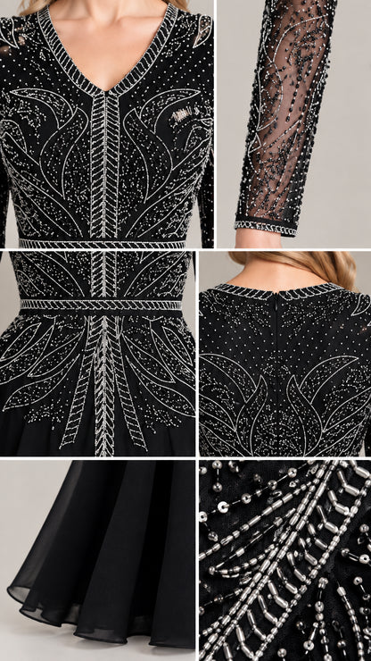 Close-up details of intricate beadwork, sequins, sheer sleeves, and neckline