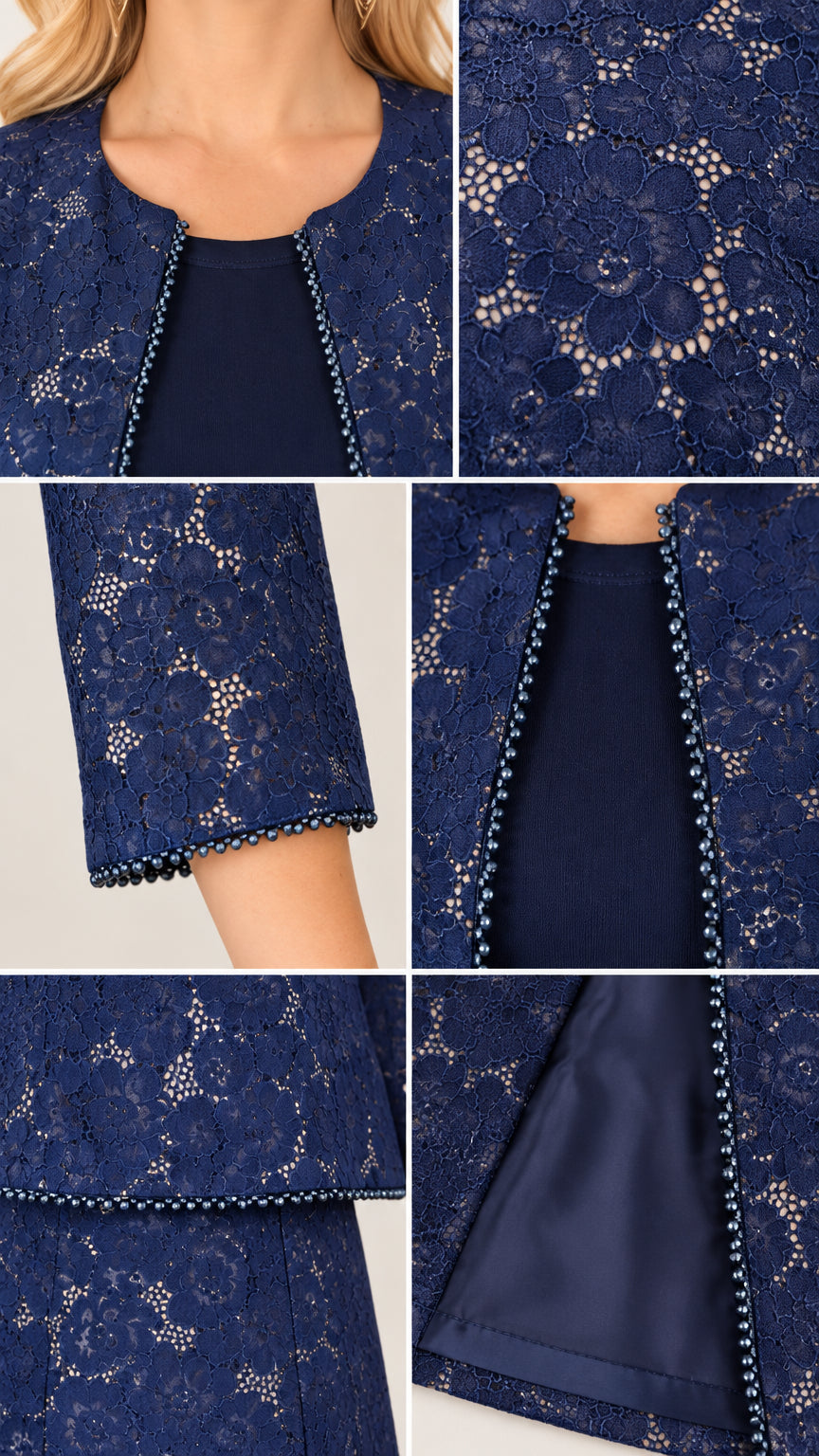 Close-up details of delicate beaded trim and floral lace fabric on navy jacket set