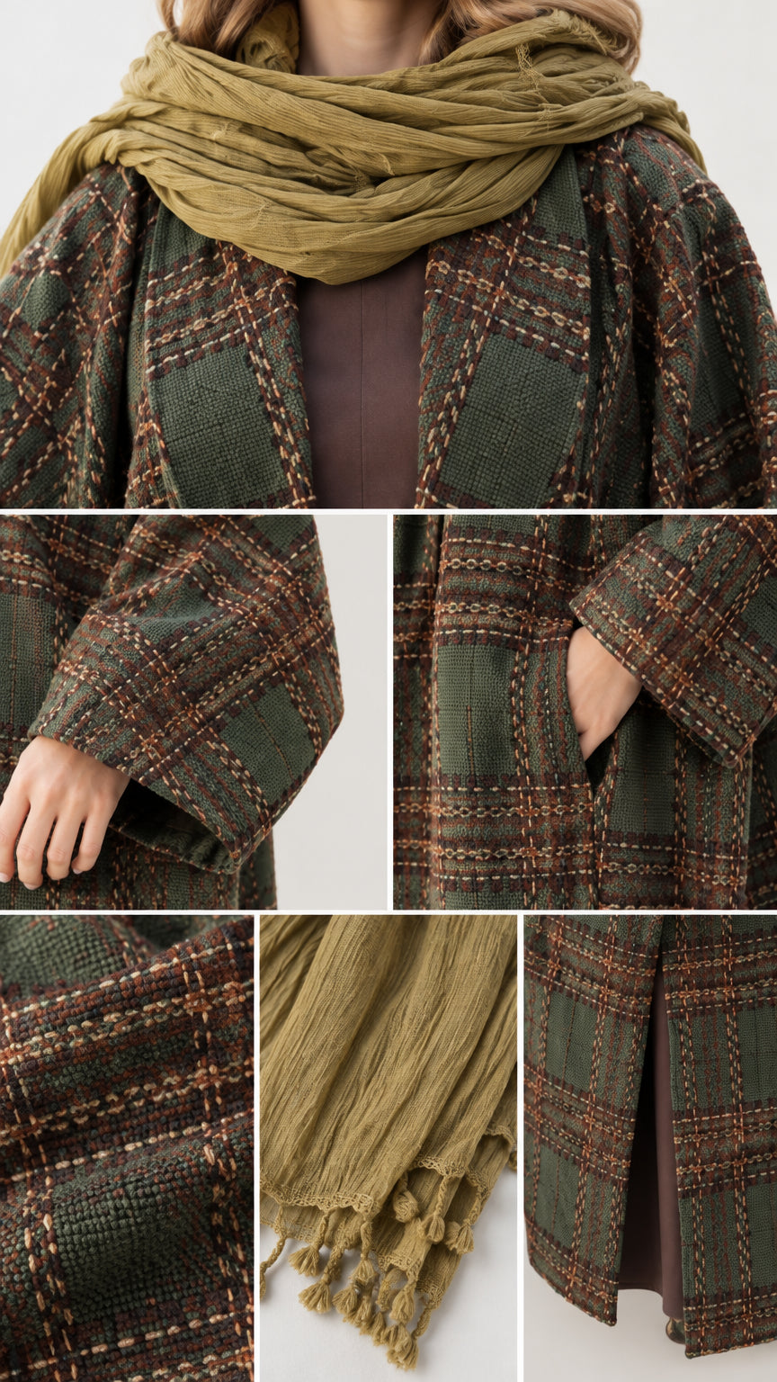 Close up details showing plaid woven fabric, sleeve cuff, side pocket, and fringe scarf