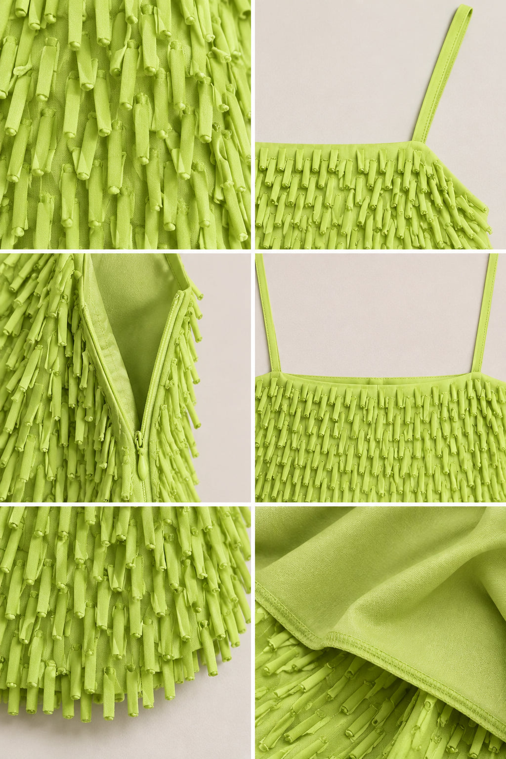 Close-up details of Lime Green textured fringe fabric, straps, and zipper