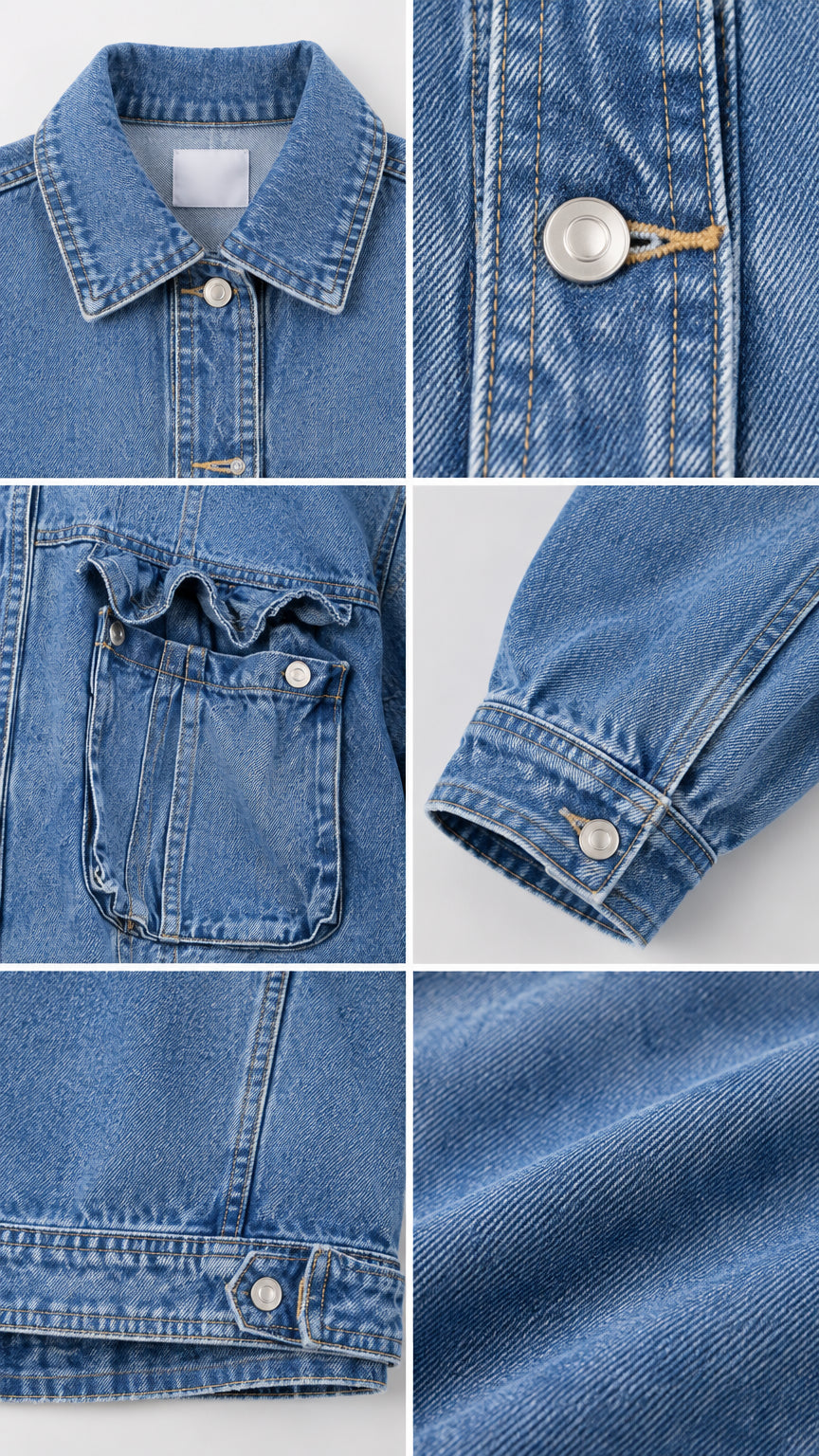 Close-up detail shots of collar, metal buttons, utility flap pocket, cuff, and denim texture
