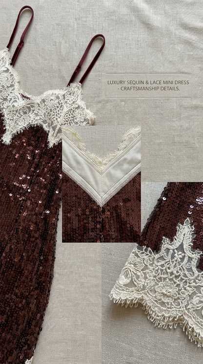 Close-up flat lay of sequin dress showing lace trim and lining craftsmanship details