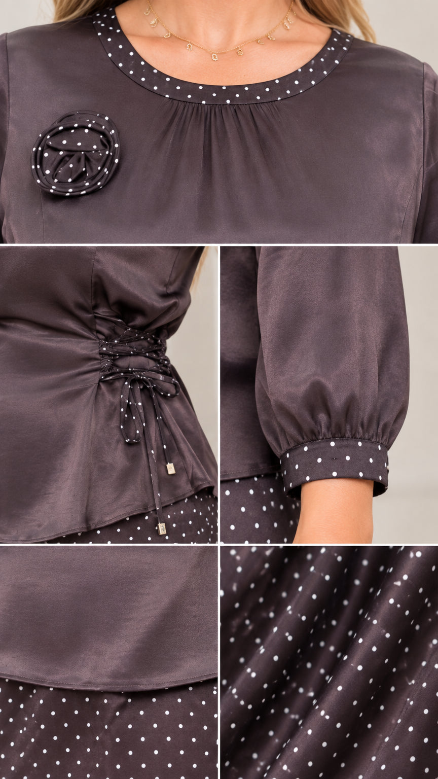 Close-up details of rosette brooch, neckline trim, side lace-up, and polka dot fabric