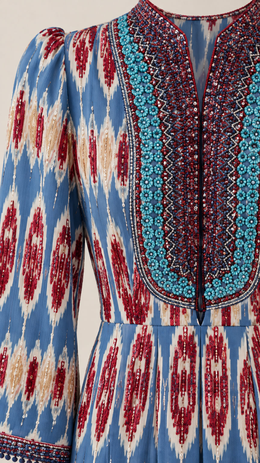 Close up view of intricate beaded embroidery along the split V-neckline on blue ikat dress